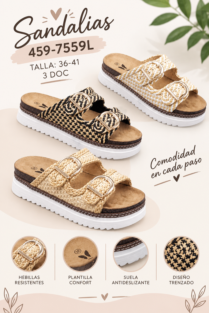 Sandalia Doble Hebilla Tejida- Estilo Boho Chic